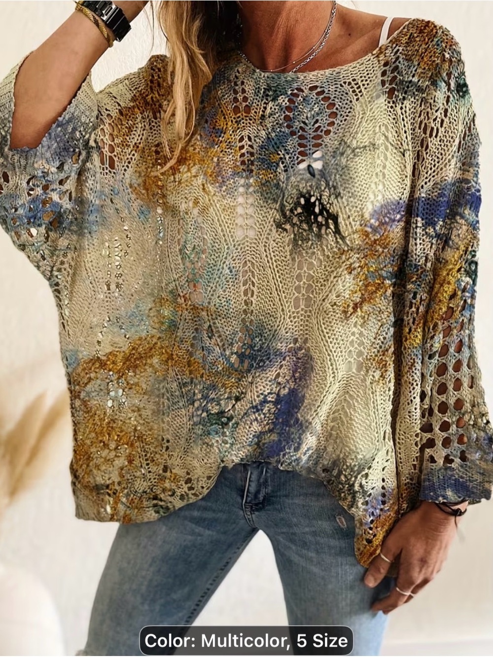 Boho Multicolor Open-Knit Tunic Top - Women's Lightweight Sweater